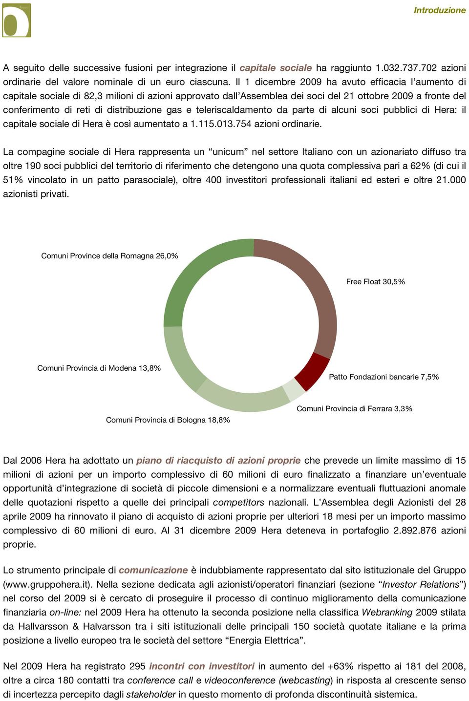 gas e teleriscaldamento da parte di alcuni soci pubblici di Hera: il capitale sociale di Hera è così aumentato a 1.115.013.754 azioni ordinarie.