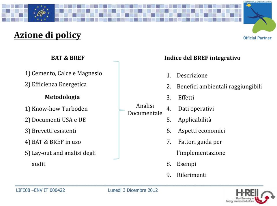 Analisi Documentale Indice del BREF integrativo 1. Descrizione 2. Benefici ambientali raggiungibili 3.