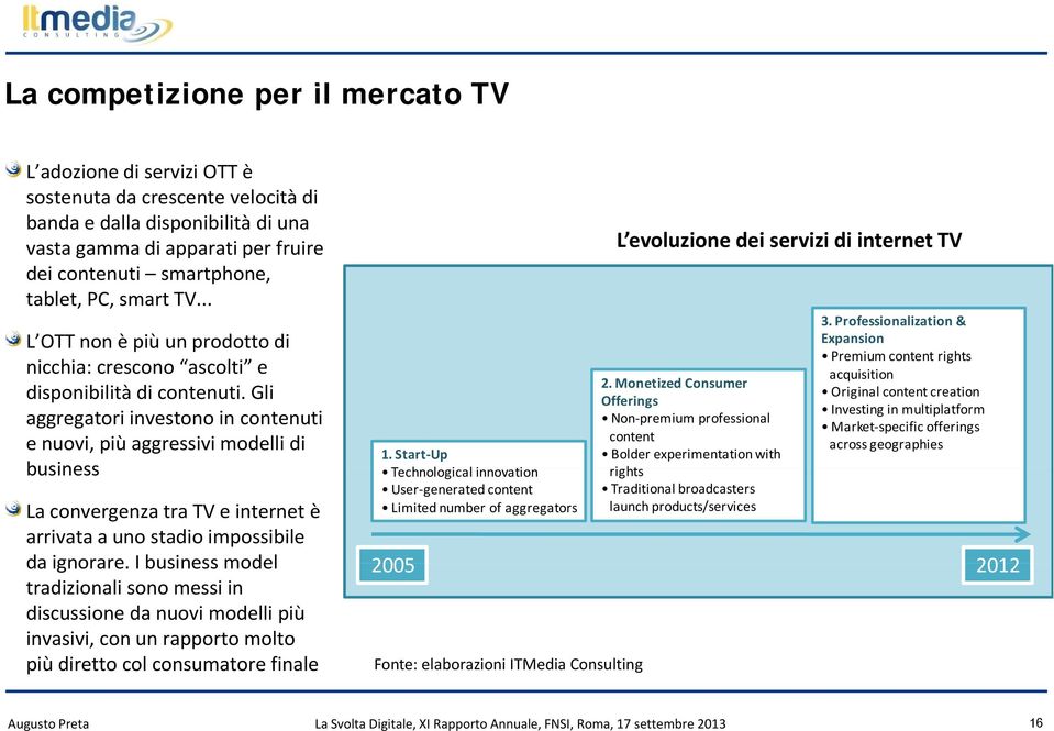 Start Up Technological linnovationi User generated content Limited number of aggregators L evoluzione dei servizi di internet TV 2.