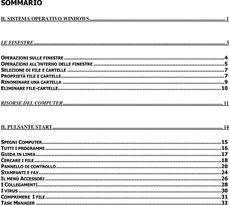 ..10 RISORSE DEL COMPUTER... 11 IL PULSANTE START... 14 SPEGNI COMPUTER...15 TUTTI I PROGRAMMI...16 GUIDA IN LINEA...17 CERCARE I FILE.