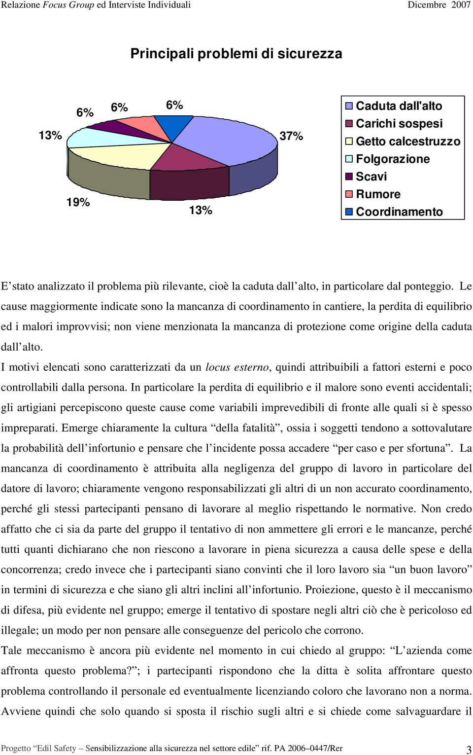 Le cause maggiormente indicate sono la mancanza di coordinamento in cantiere, la perdita di equilibrio ed i malori improvvisi; non viene menzionata la mancanza di protezione come origine della caduta