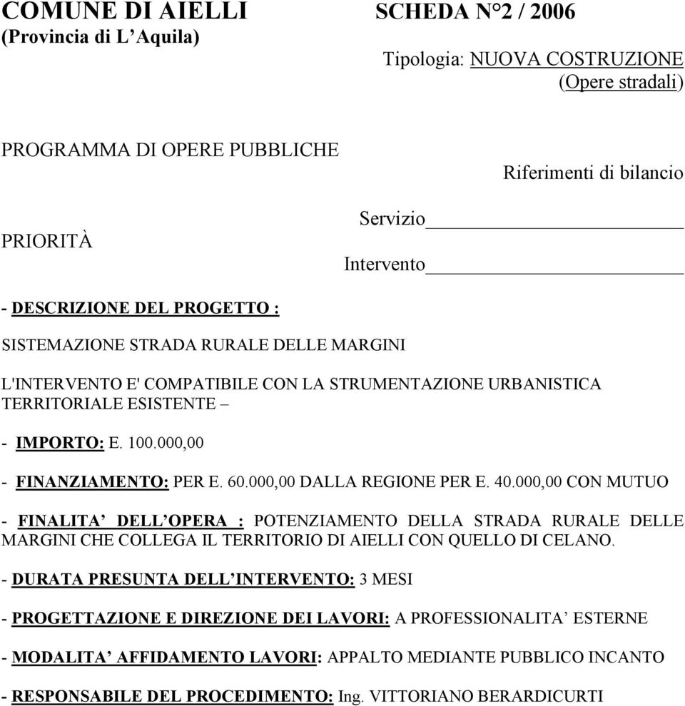 000,00 CON MUTUO - FINALITA DELL OPERA : POTENZIAMENTO DELLA STRADA RURALE DELLE MARGINI CHE COLLEGA IL TERRITORIO