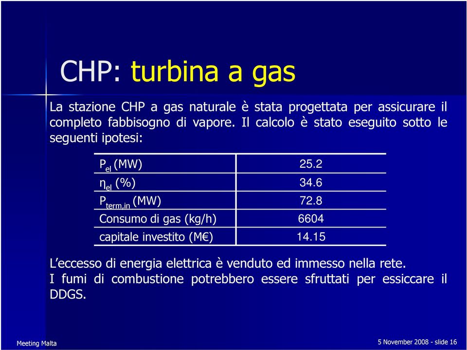 8 Consumo di gas (kg/h) 6604 capitale investito (M ) 14.