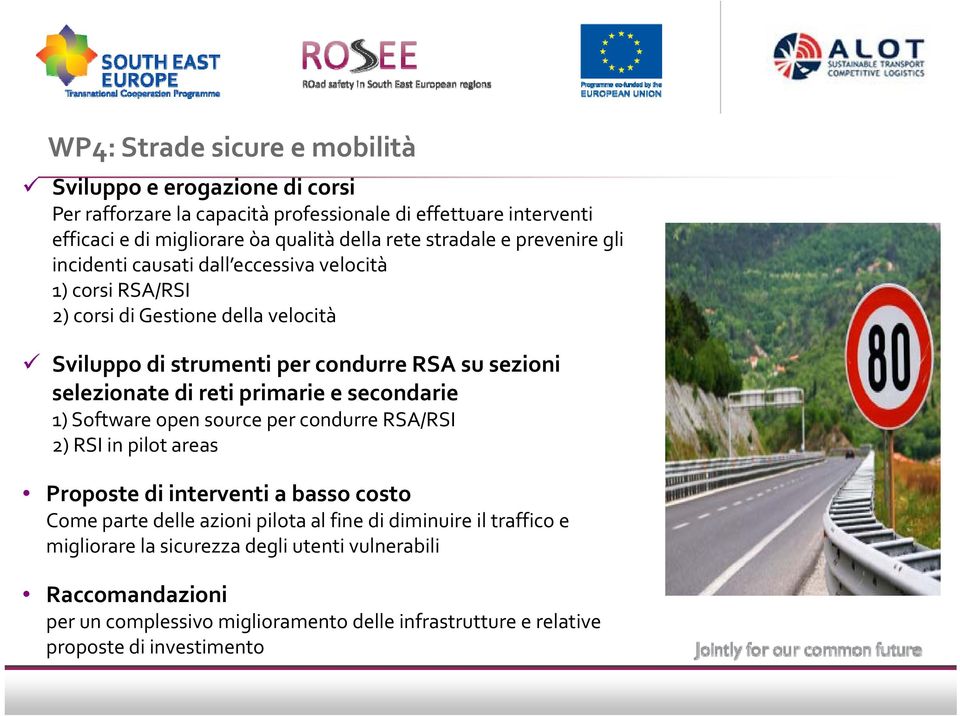 selezionate di reti primarie e secondarie 1) Software open source per condurre RSA/RSI 2) RSI in pilot areas Proposte di interventi a basso costo Come parte delle azioni pilota al