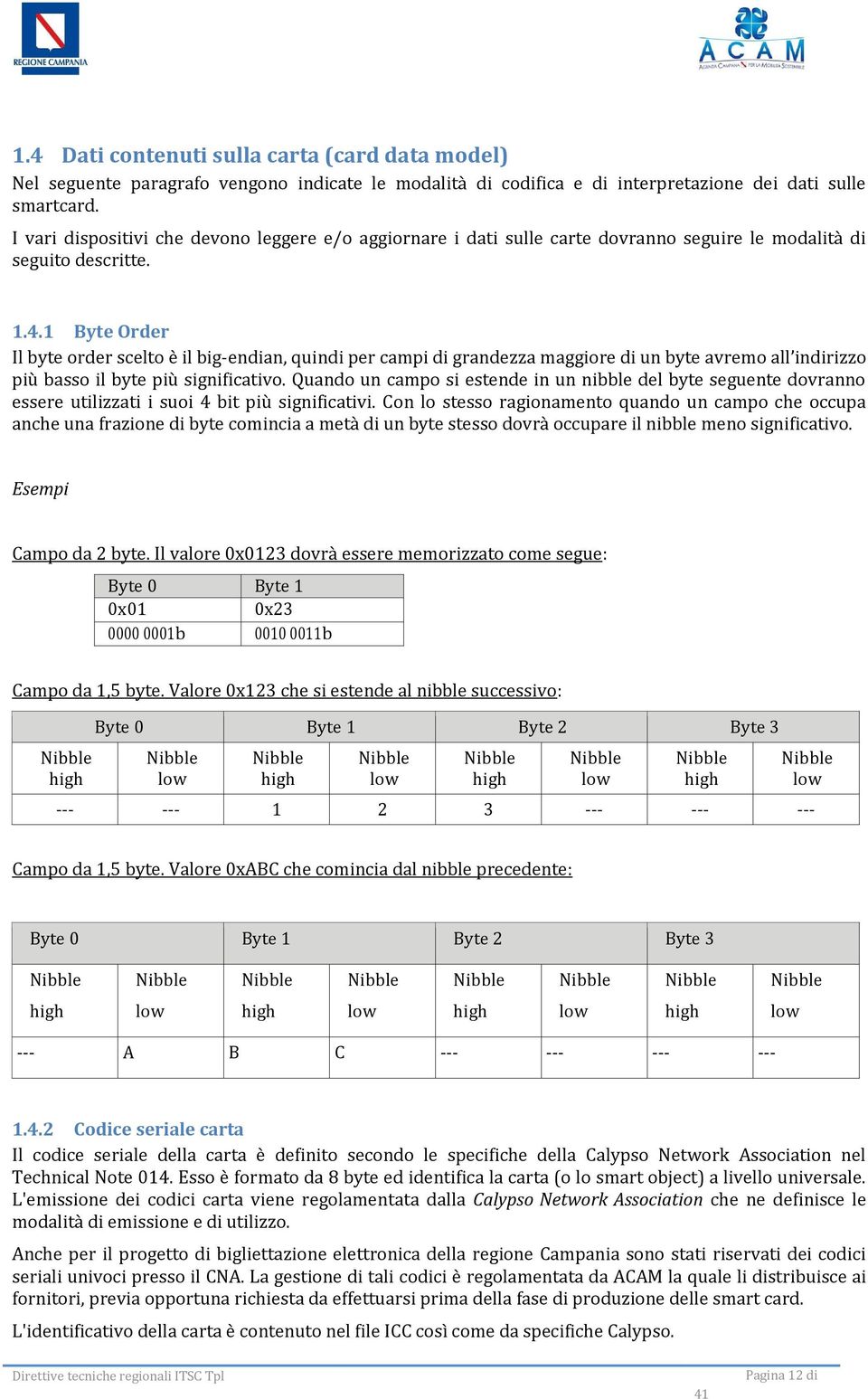 1 Byte Order Il byte order scelto è il big-endian, quindi per campi di grandezza maggiore di un byte avremo all indirizzo più basso il byte più significativo.