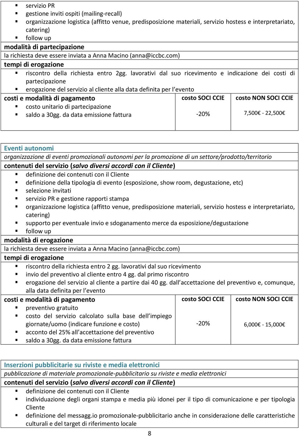 lavorativi dal suo ricevimento e indicazione dei costi di partecipazione erogazione del servizio al cliente alla data definita per l evento costo unitario di partecipazione 7,500-22,500 Eventi