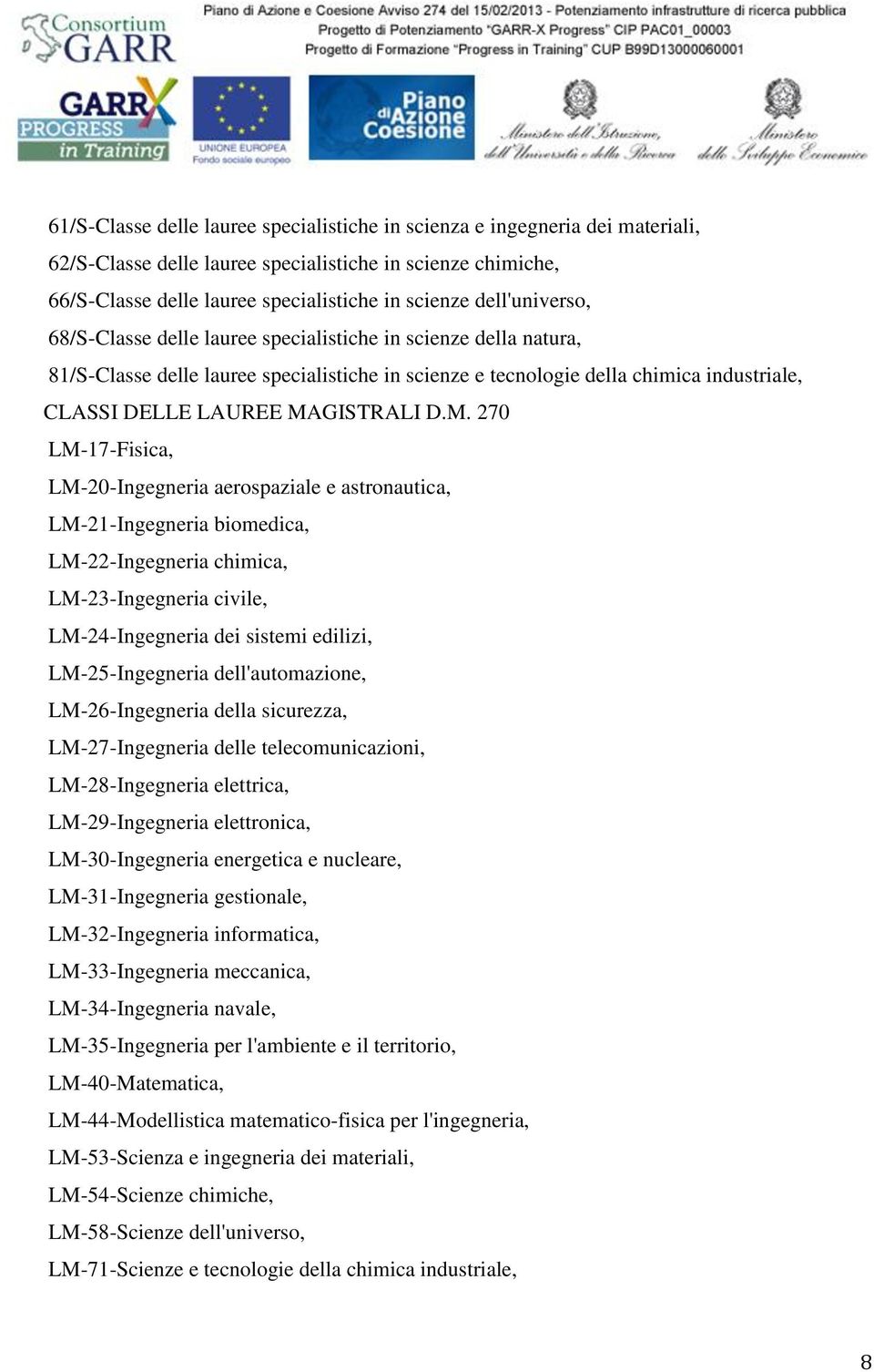 MAGISTRALI D.M. 270 LM-17-Fisica, LM-20-Ingegneria aerospaziale e astronautica, LM-21-Ingegneria biomedica, LM-22-Ingegneria chimica, LM-23-Ingegneria civile, LM-24-Ingegneria dei sistemi edilizi,