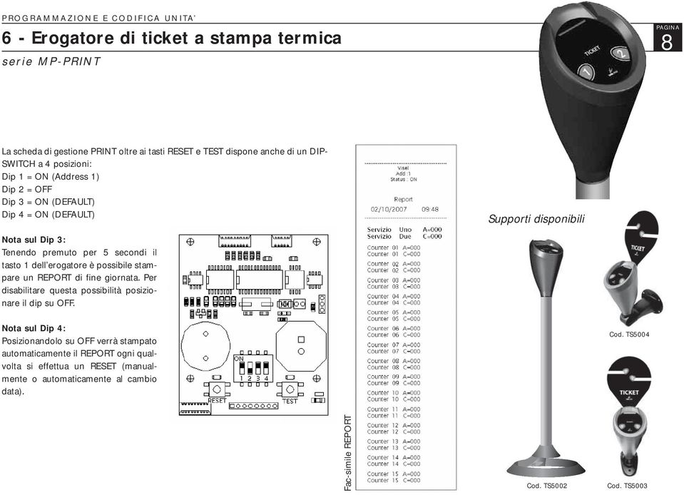 erogatore è possibile stampare un REPORT di fine giornata. Per disabilitare questa possibilità posizionare il dip su OFF.