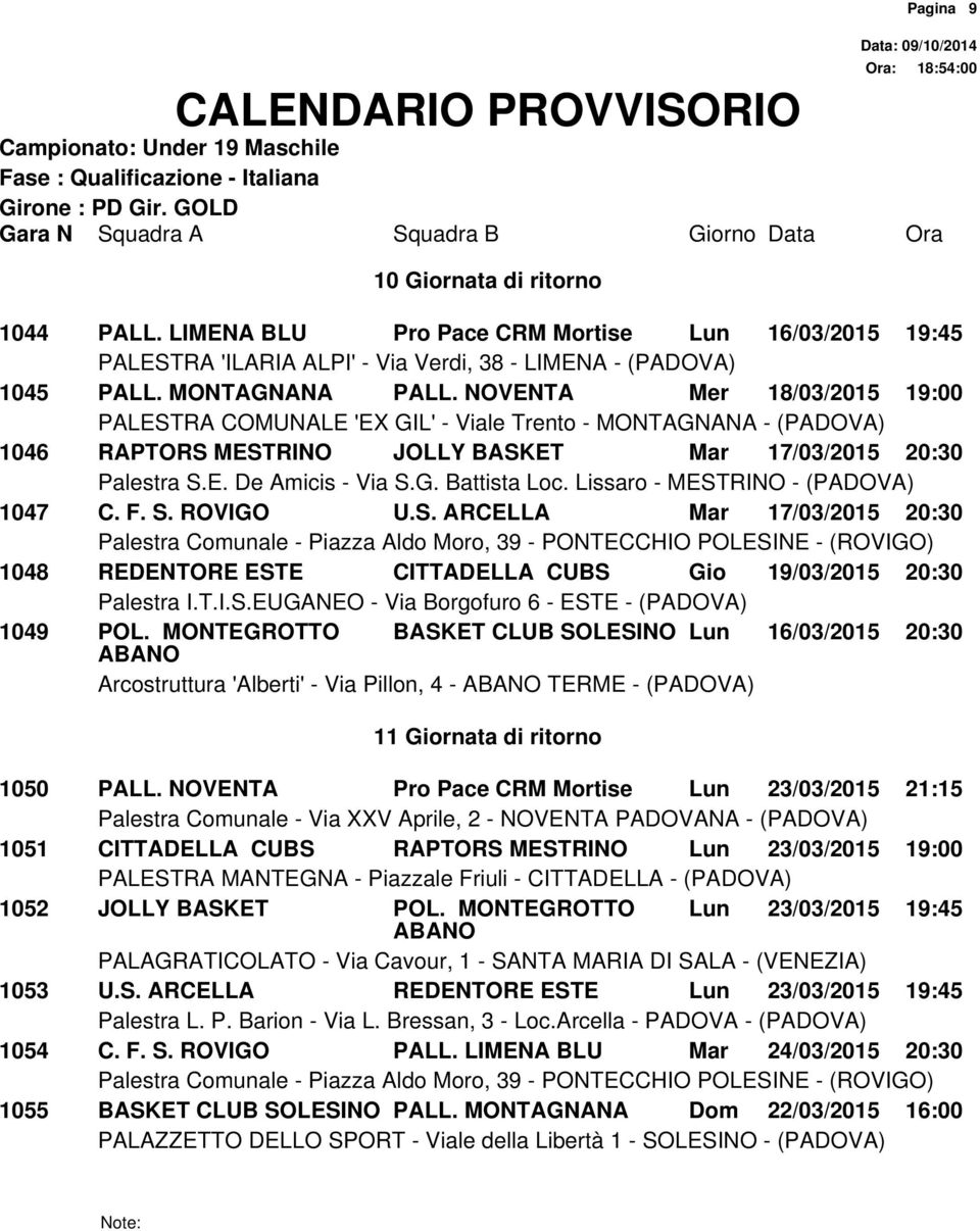 MONTEGROTTO BASKET CLUB SOLESINO Lun 16/03/2015 20:30 Arcostruttura 'Alberti' - Via Pillon, 4 - TERME - (PADOVA) 11 Giornata di ritorno Pagina 9 1050 PALL.