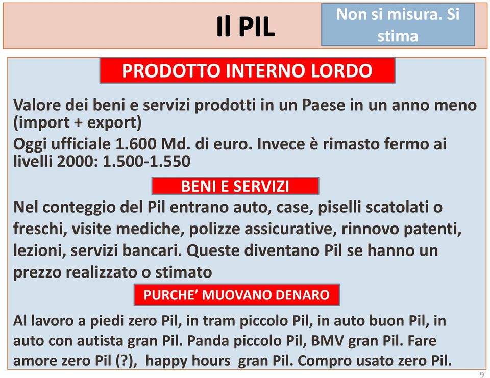 550 BENI E SERVIZI Nel conteggio del Pil entrano auto, case, piselli scatolati o freschi, visite mediche, polizze assicurative, rinnovo patenti, lezioni, servizi