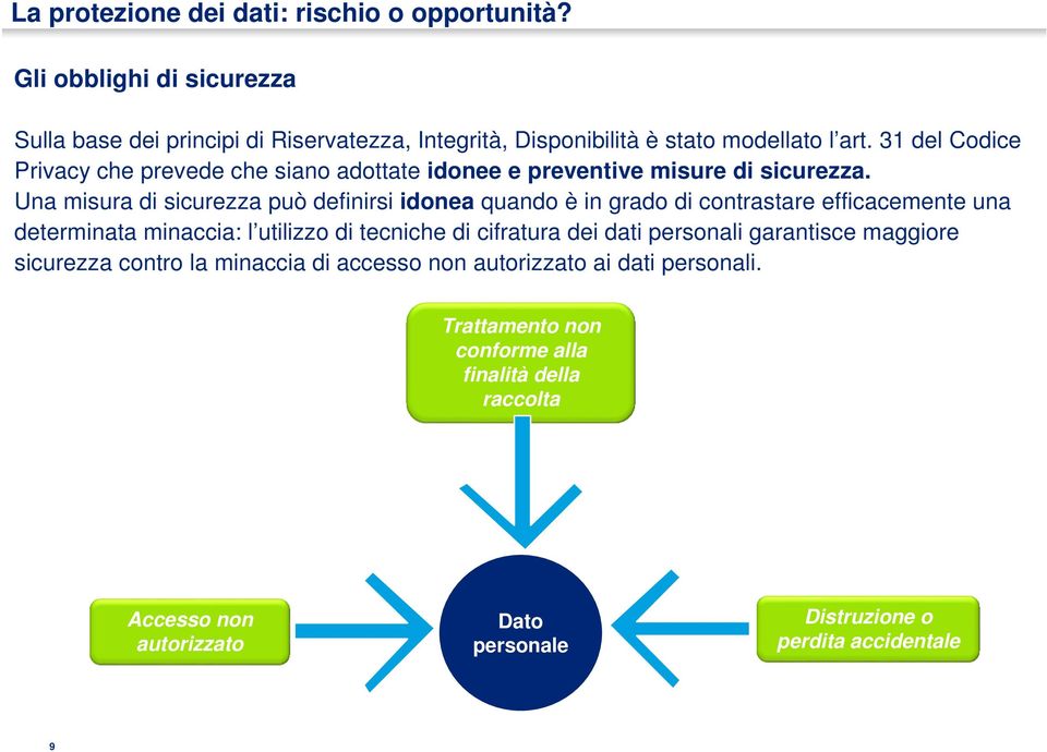 Una misura di sicurezza può definirsi idonea quando è in grado di contrastare efficacemente una determinata minaccia: l utilizzo di tecniche di cifratura dei dati