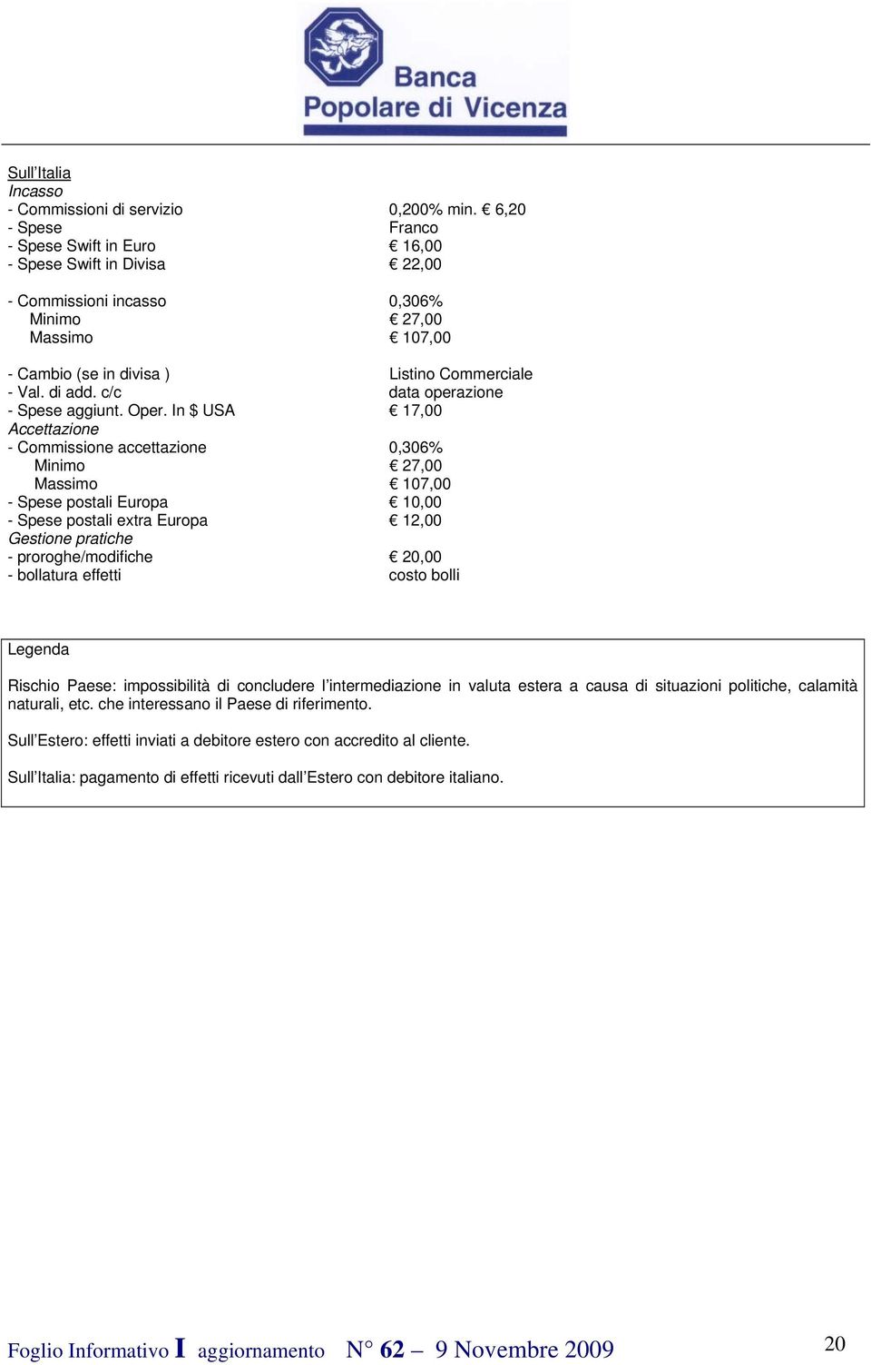 In $ USA 17,00 Accettazione - Commissione accettazione 0,306% Minimo 27,00 Massimo 107,00 - Spese postali Europa 10,00 - Spese postali extra Europa 12,00 Gestione pratiche - proroghe/modifiche 20,00