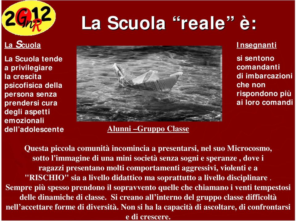 speranze, dove i ragazzi presentano molti comportamenti aggressivi, violenti e a "RISCHIO" sia a livello didattico ma soprattutto a livello disciplinare.