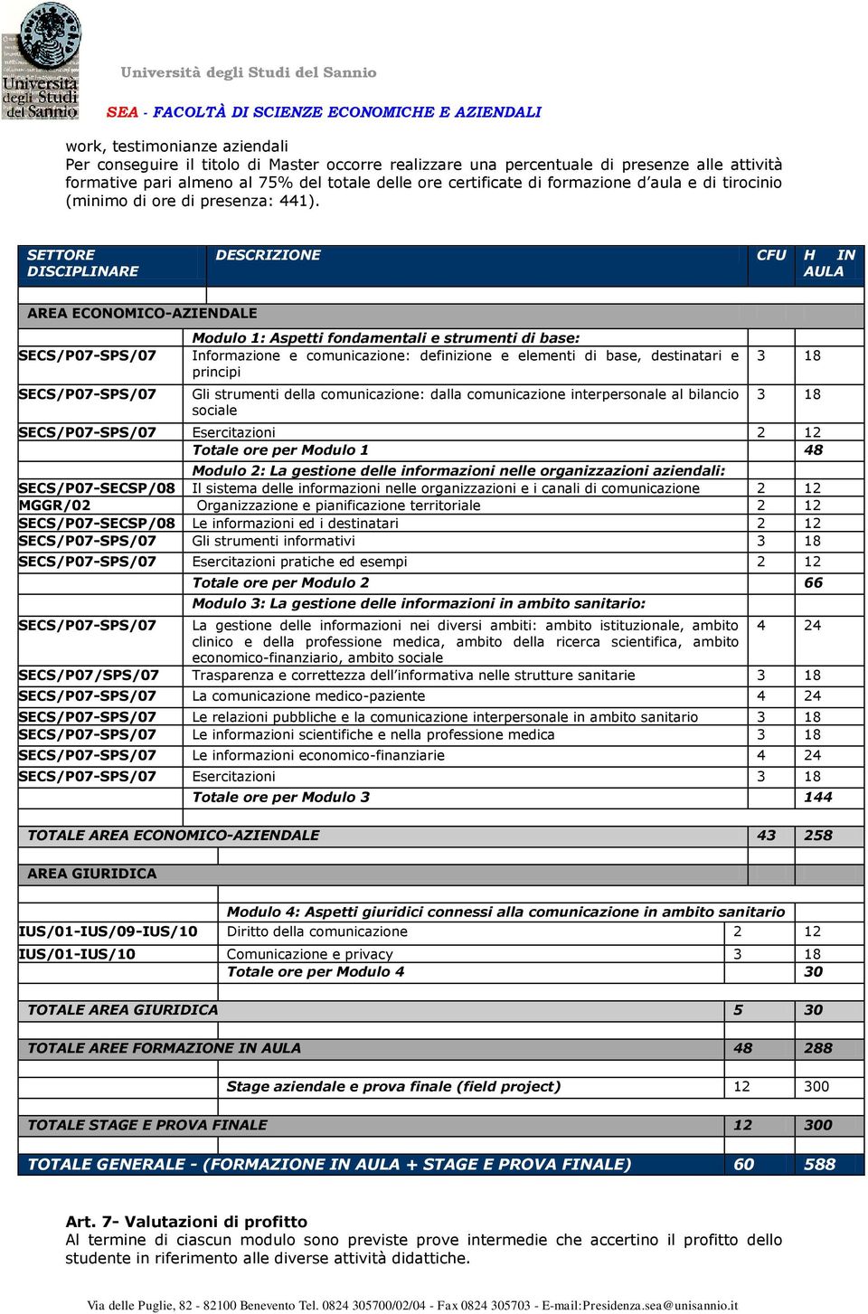 SETTORE DISCIPLINARE DESCRIZIONE CFU H IN AULA AREA ECONOMICO-AZIENDALE SECS/P07-SPS/07 SECS/P07-SPS/07 Modulo 1: Aspetti fondamentali e strumenti di base: Informazione e comunicazione: definizione e