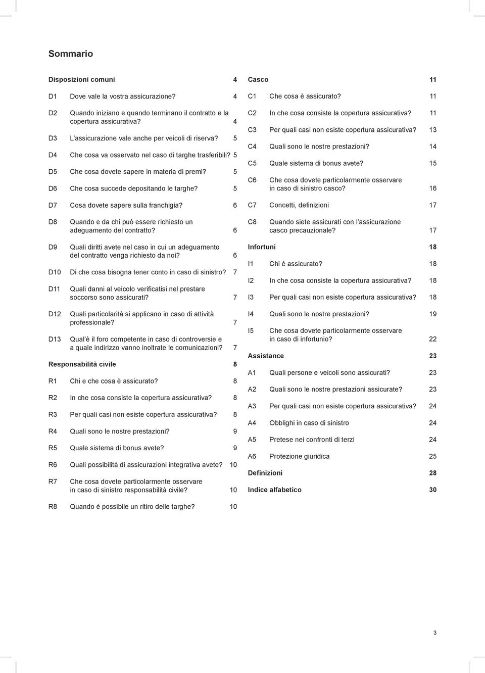 5 D6 Che cosa succede depositando le targhe? 5 D7 Cosa dovete sapere sulla franchigia? 6 Casco 11 C1 Che cosa è assicurato? 11 C2 In che cosa consiste la copertura assicurativa?