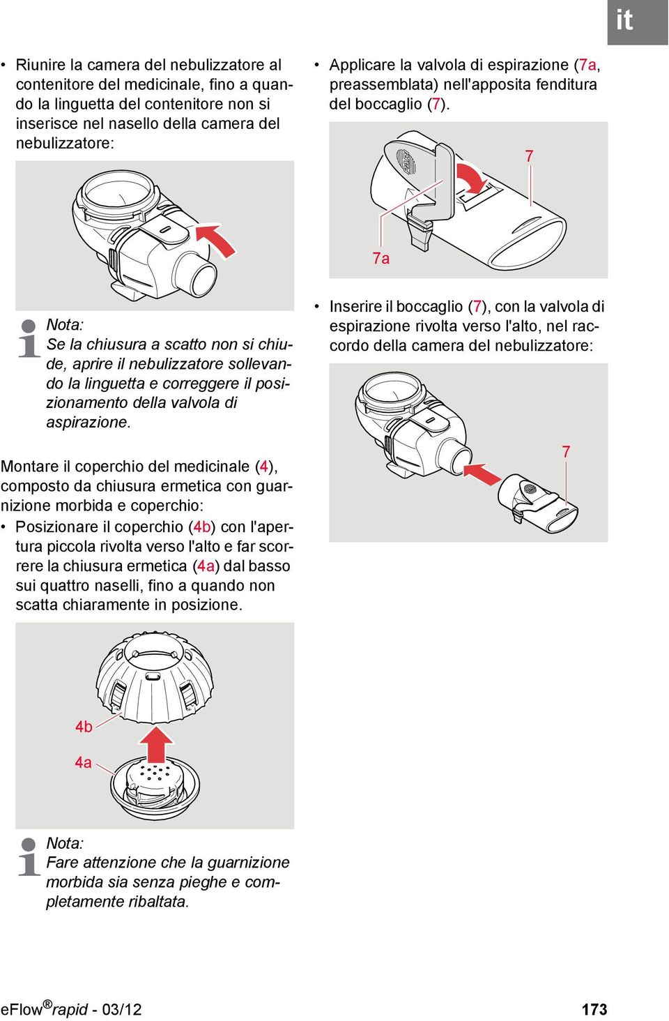 7 7a Se la chiusura a scatto non si chiude, aprire il nebulizzatore sollevando la linguetta e correggere il posizionamento della valvola di aspirazione.