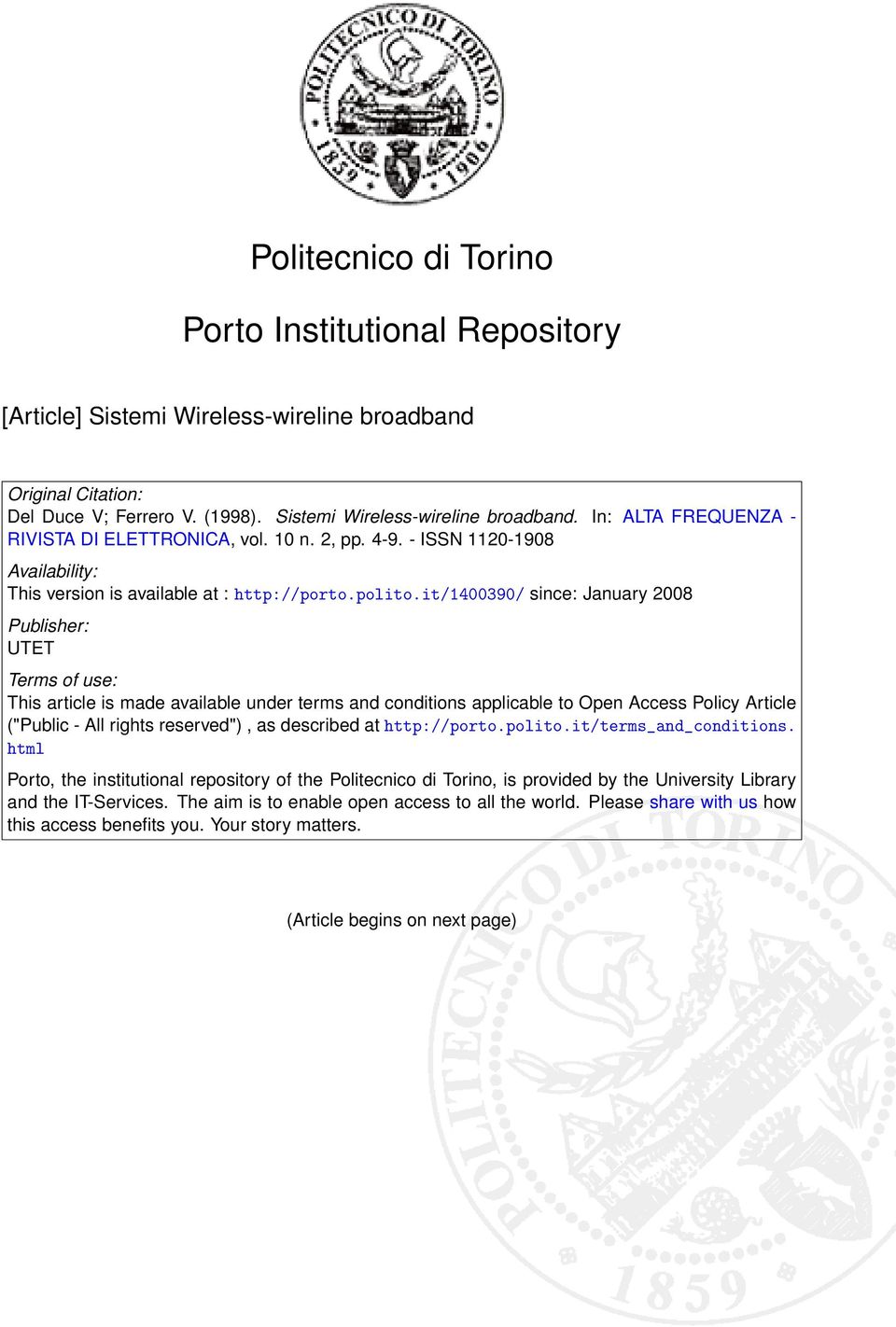 it/1400390/ since: January 2008 Publisher: UTET Terms of use: This article is made available under terms and conditions applicable to Open Access Policy Article ("Public - All rights reserved"), as