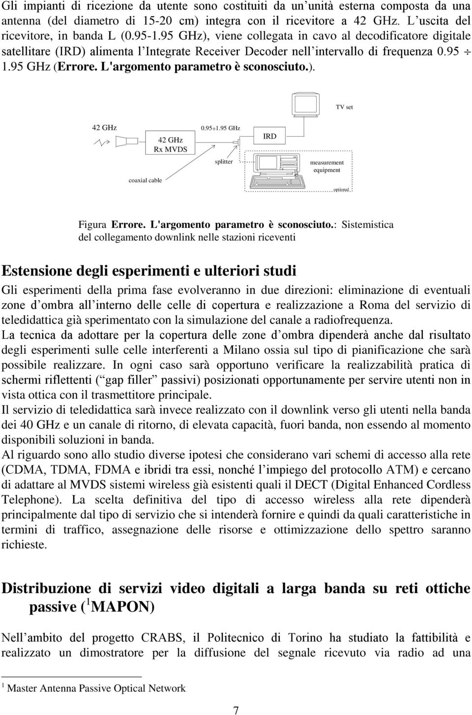 L'argomento parametro è sconosciuto.). TV set 42 GHz 42 GHz Rx MVDS 0.95 1.95 GHz IRD 4 coaxial cable splitter measurement equipment 2 optional Figura Errore. L'argomento parametro è sconosciuto.