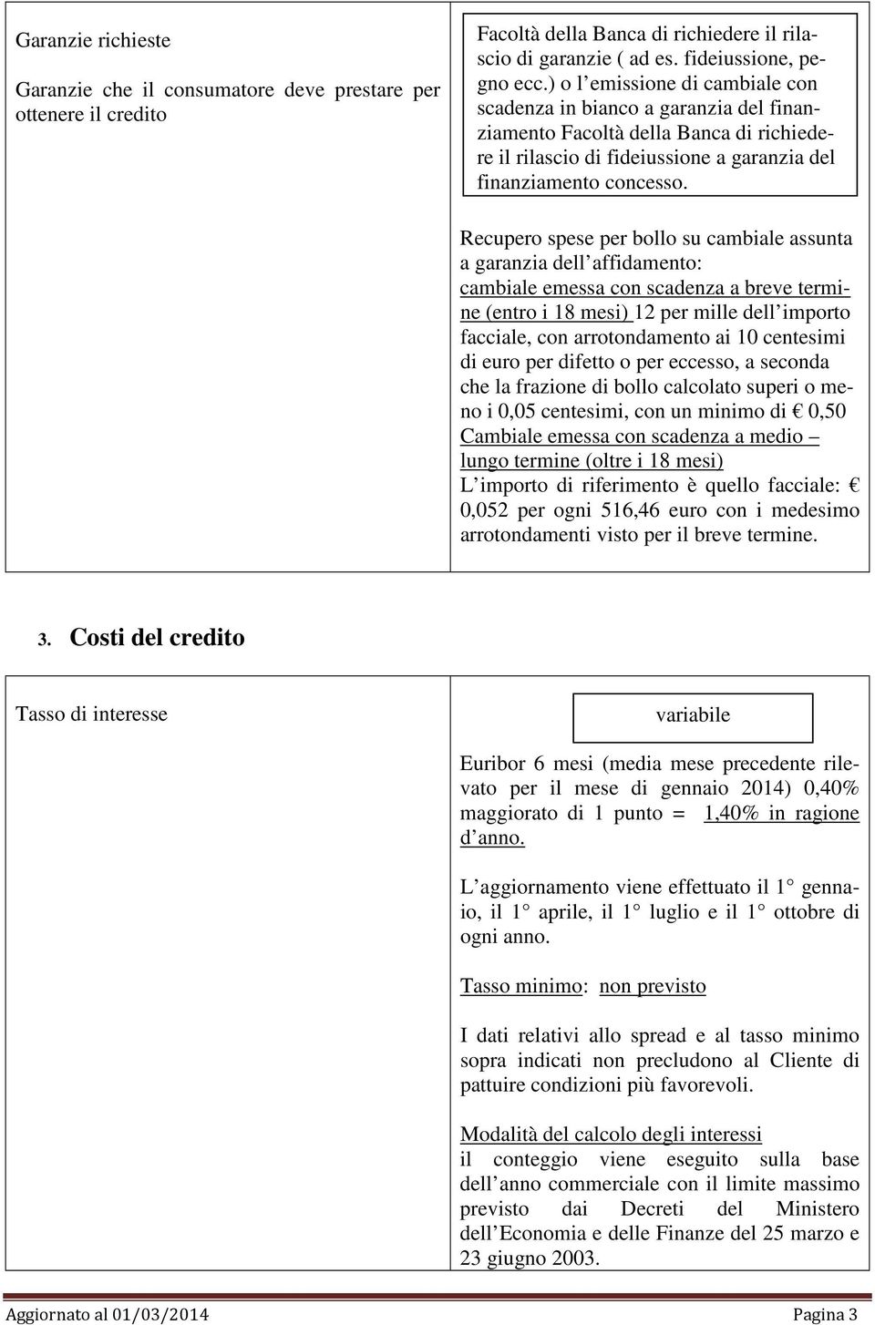 Recupero spese per bollo su cambiale assunta a garanzia dell affidamento: cambiale emessa con scadenza a breve termine (entro i 18 mesi) 12 per mille dell importo facciale, con arrotondamento ai 10