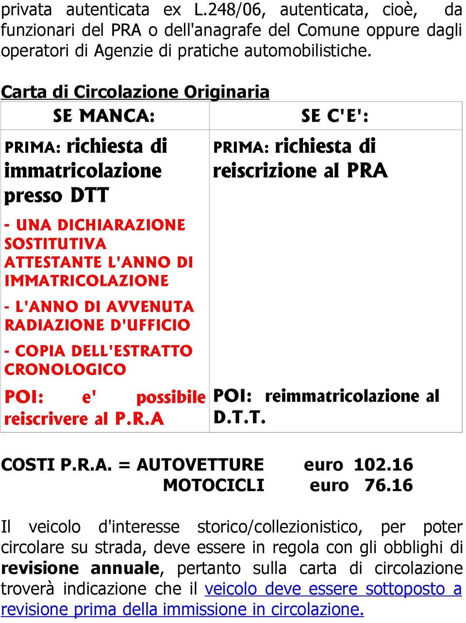 D'UFFICIO - COPIA DELL'ESTRATTO CRONOLOGICO POI: e' possibile reiscrivere al P.R.A SE C'E': PRIMA: richiesta di reiscrizione al PRA POI: reimmatricolazione al D.T.T. COSTI P.R.A. = AUTOVETTURE euro 102.