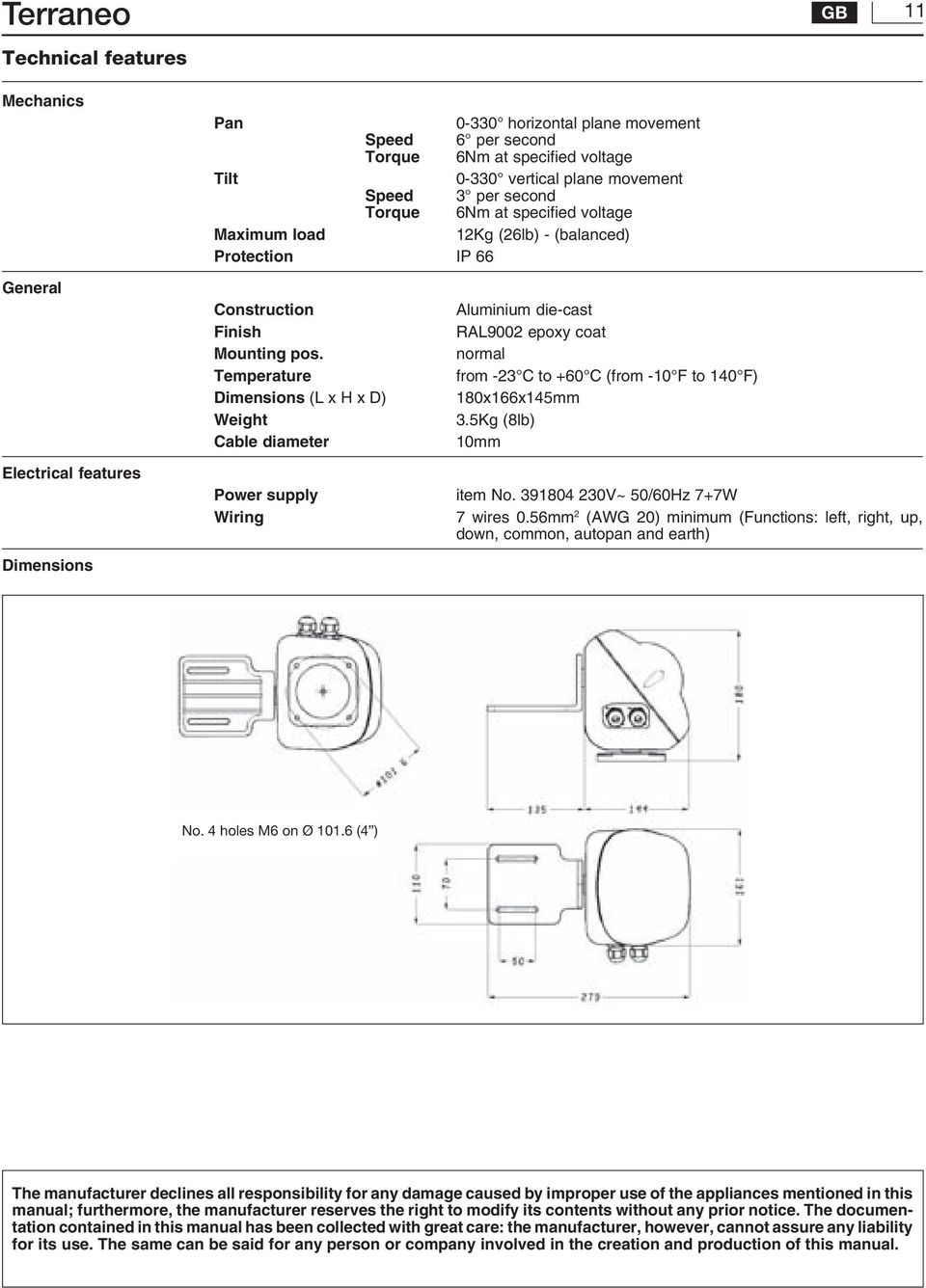 Temperature Dimensions (L x H x D) Weight Cable diameter Aluminium die-cast RAL9002 epoxy coat normal from -23 C to +60 C (from -10 F to 140 F) 180x166x145mm 3.