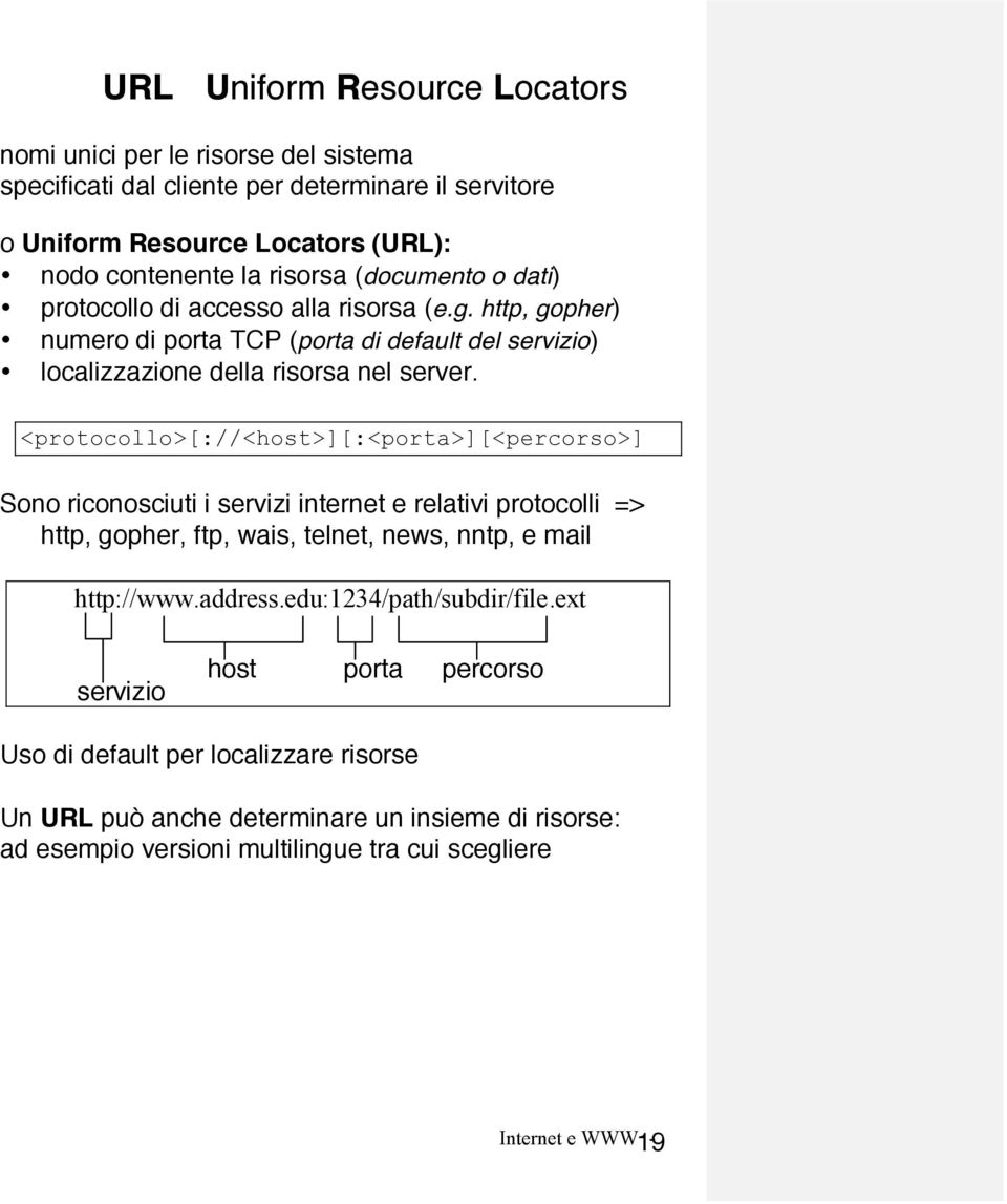 <protocollo>[://<host>][:<porta>][<percorso>] Sono riconosciuti i servizi internet e relativi protocolli => http, gopher, ftp, wais, telnet, news, nntp, e mail http://www.address.