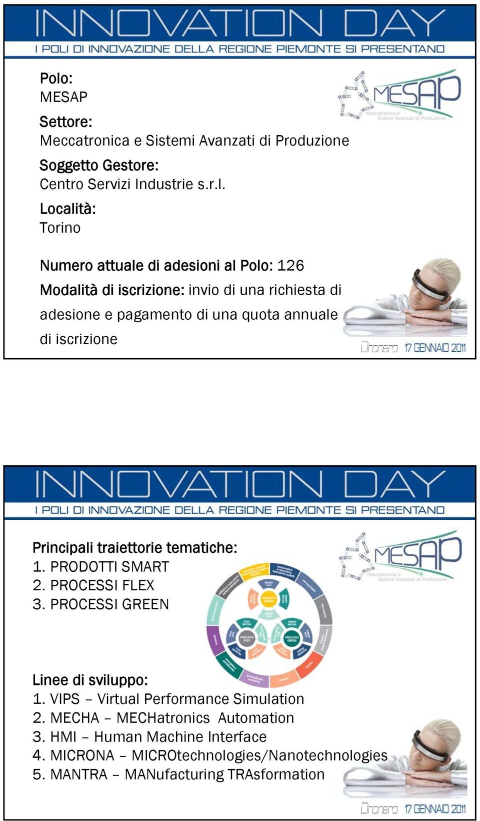 Principali traiettorie tematiche: 1. PRODOTTI SMART 2. PROCESSI FLEX 3. PROCESSI GREEN Linee di sviluppo: 1.