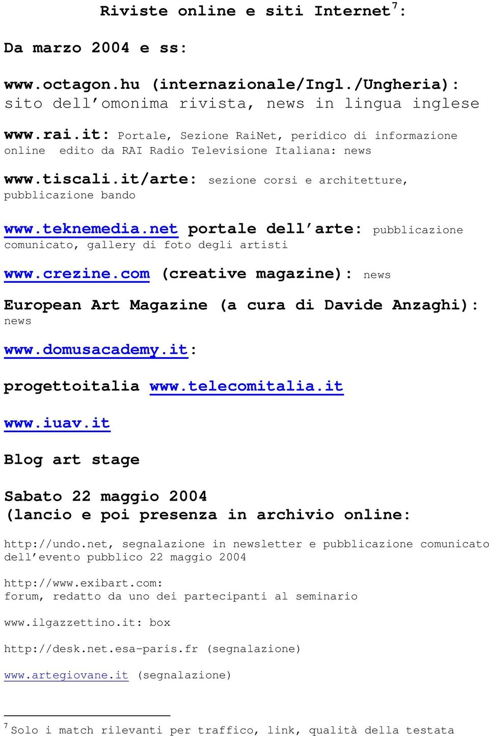 net portale dell arte: pubblicazione comunicato, gallery di foto degli artisti www.crezine.com (creative magazine): news European Art Magazine (a cura di Davide Anzaghi): news www.domusacademy.