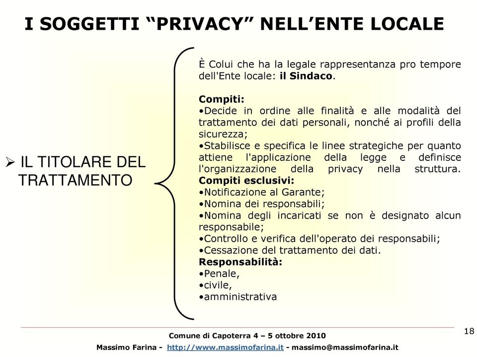 specifica le linee strategiche per quanto attiene l'applicazione della legge e definisce l'organizzazione della privacy nella struttura.