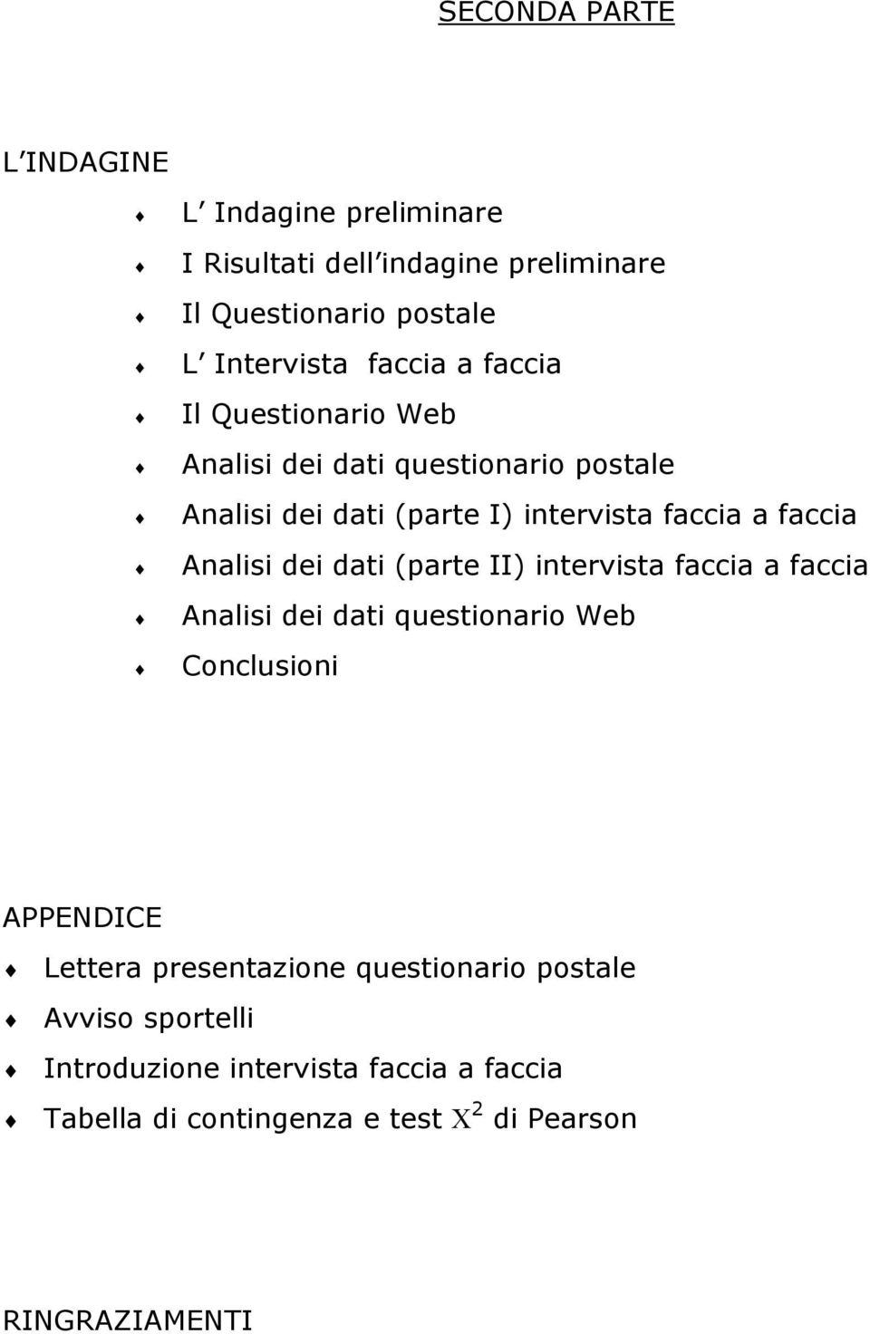 dei dati (parte II) intervista faccia a faccia Analisi dei dati questionario Web Conclusioni APPENDICE Lettera presentazione