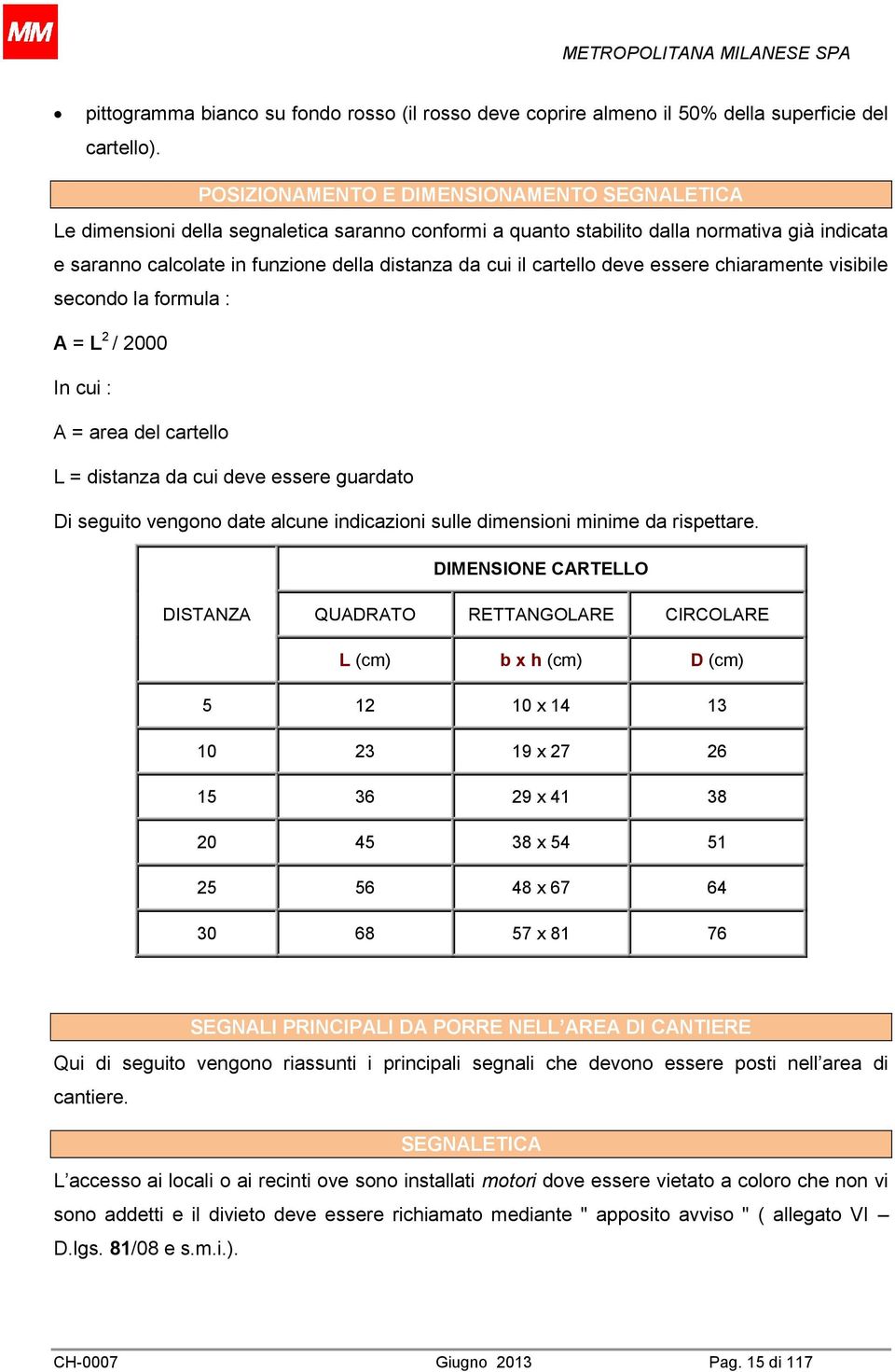 cartello deve essere chiaramente visibile secondo la formula : A = L 2 / 2000 In cui : A = area del cartello L = distanza da cui deve essere guardato Di seguito vengono date alcune indicazioni sulle