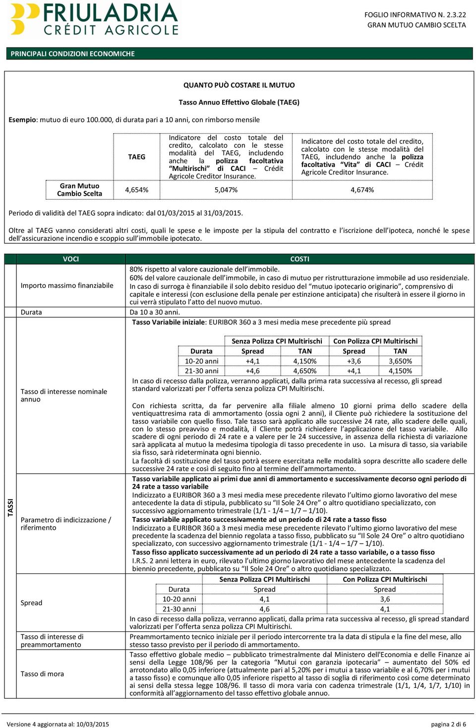 facoltativa Crédit Agricole Creditor Insurance. Indicatore del costo totale del credito, calcolato con le stesse modalità del TAEG, includendo anche la polizza Crédit Agricole Creditor Insurance.