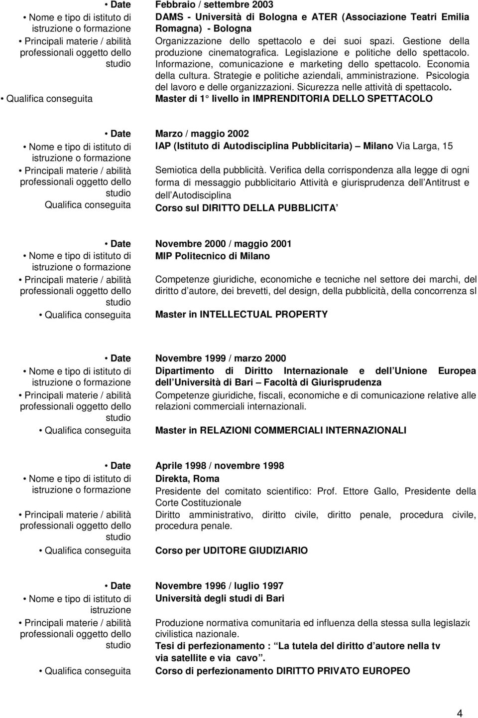 Strategie e politiche aziendali, amministrazione. Psicologia del lavoro e delle organizzazioni. Sicurezza nelle attività di spettacolo.