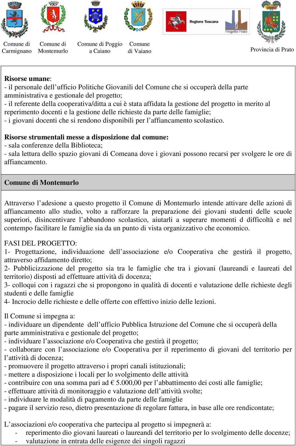 Risorse strumentali messe a disposizione dal comune: - sala conferenze della Biblioteca; - sala lettura dello spazio giovani di Comeana dove i giovani possono recarsi per svolgere le ore di