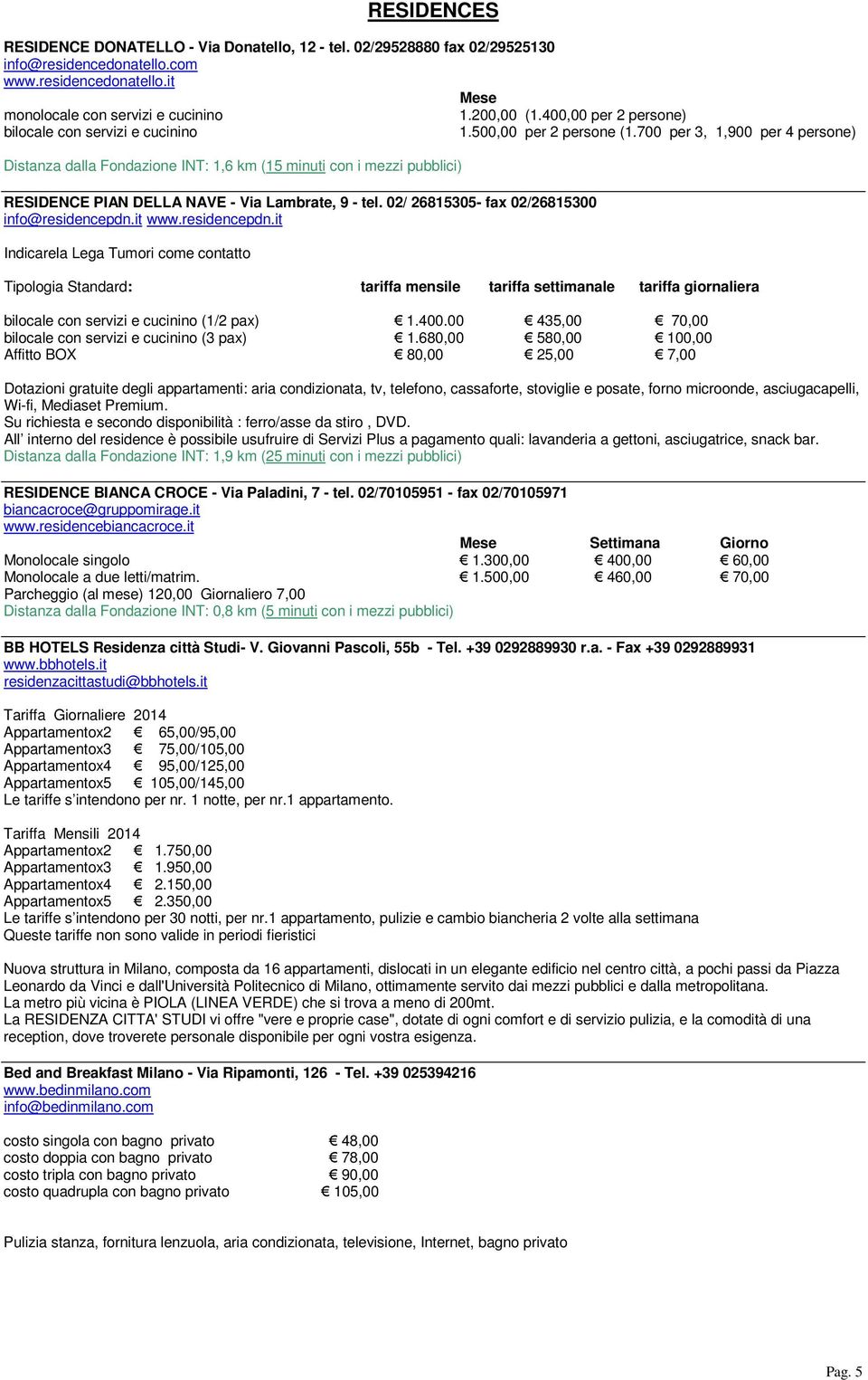 700 per 3, 1,900 per 4 persone) Distanza dalla Fondazione INT: 1,6 km (15 minuti con i mezzi pubblici) RESIDENCE PIAN DELLA NAVE - Via Lambrate, 9 - tel.