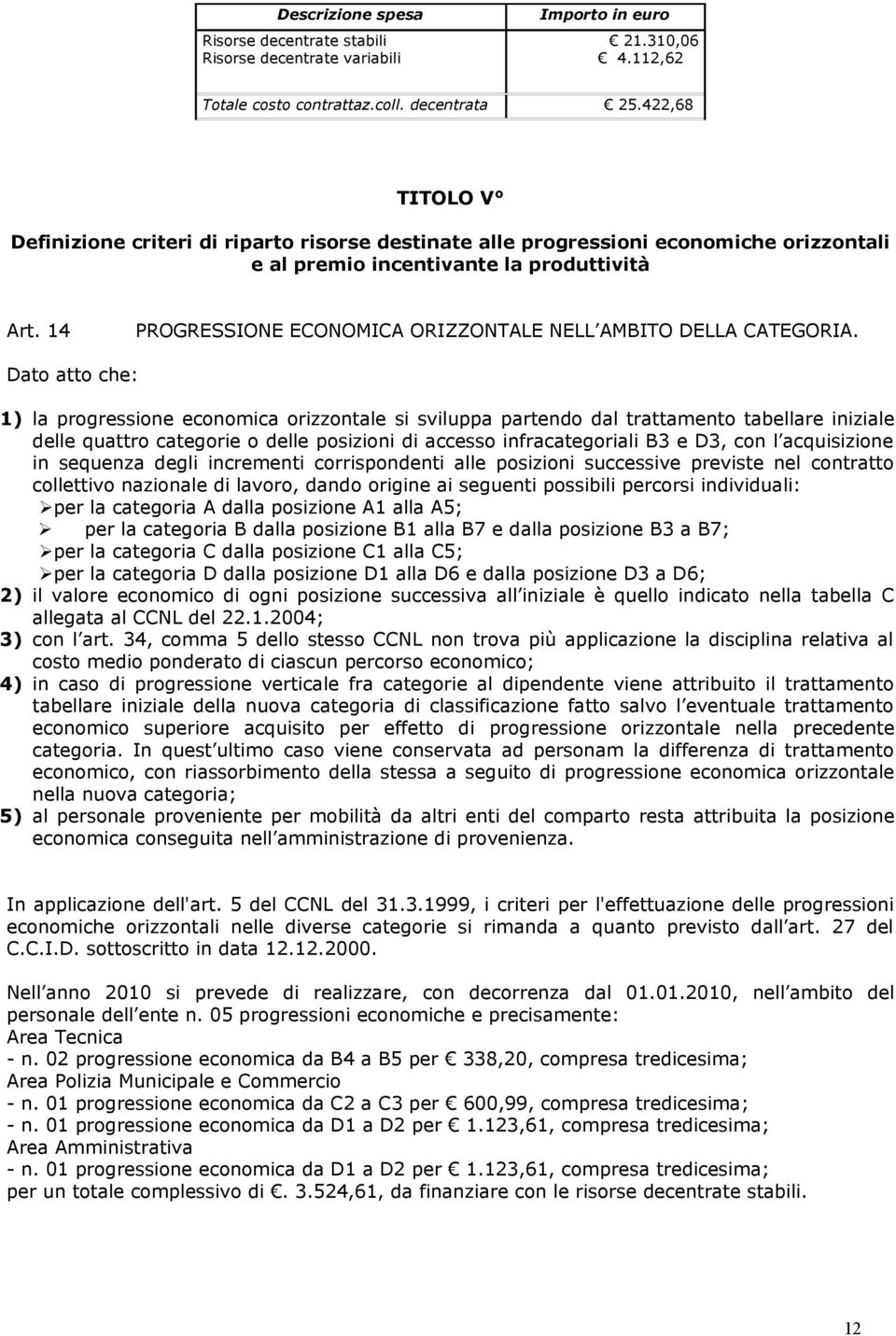 14 PROGRESSIONE ECONOMICA ORIZZONTALE NELL AMBITO DELLA CATEGORIA.