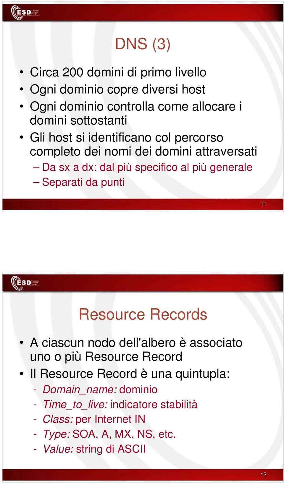 da punti 11 Resource Records A ciascun nodo dell'albero è associato uno o più Resource Record Il Resource Record è una quintupla: -