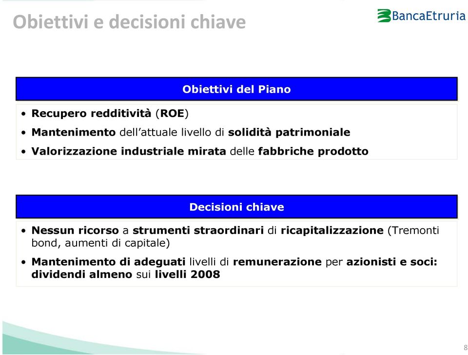 chiave Nessun ricorso a strumenti straordinari di ricapitalizzazione (Tremonti bond, aumenti di