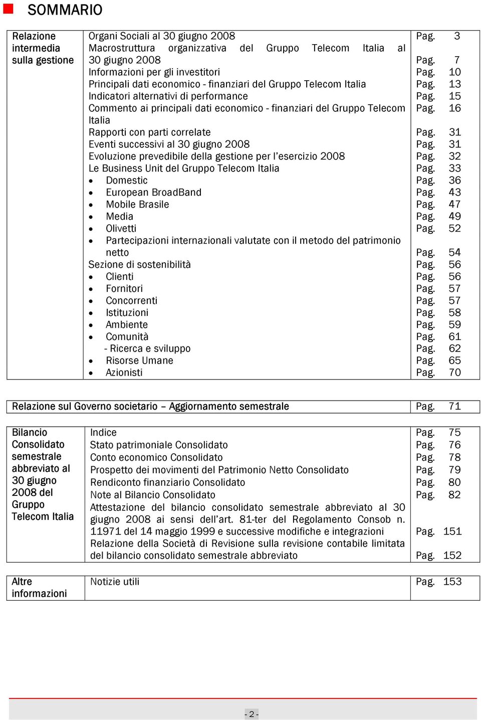 15 Commento ai principali dati economico - finanziari del Gruppo Telecom Pag. 16 Italia Rapporti con parti correlate Pag. 31 Eventi successivi al 30 giugno 2008 Pag.