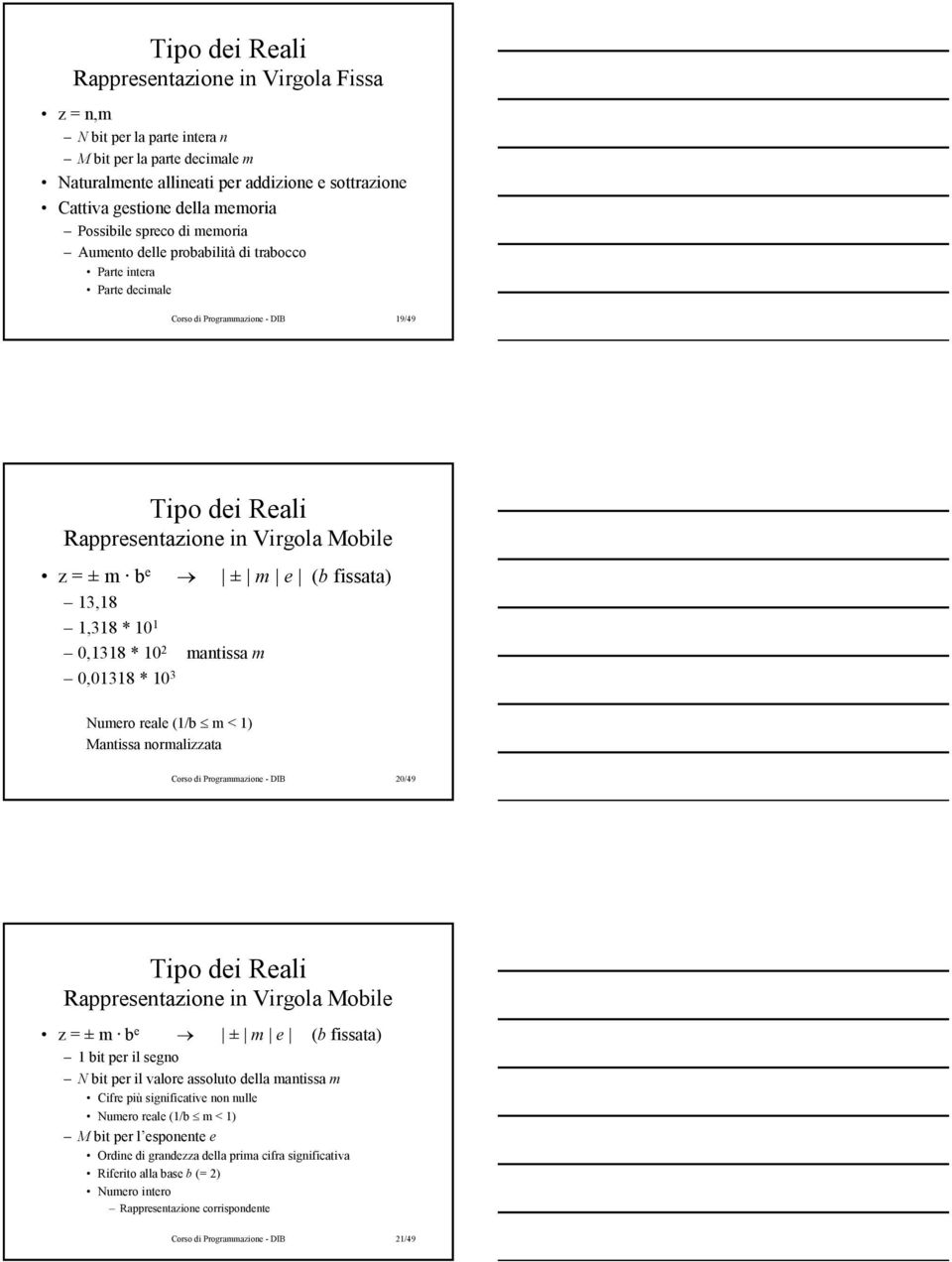 fissata) 13,18 1,318 * 10 1 0,1318 * 10 2 mantissa m 0,01318 * 10 3 Numero reale (1/b m < 1) Mantissa normalizzata Corso di Programmazione - DIB 20/49 Tipo dei Reali Rappresentazione in Virgola