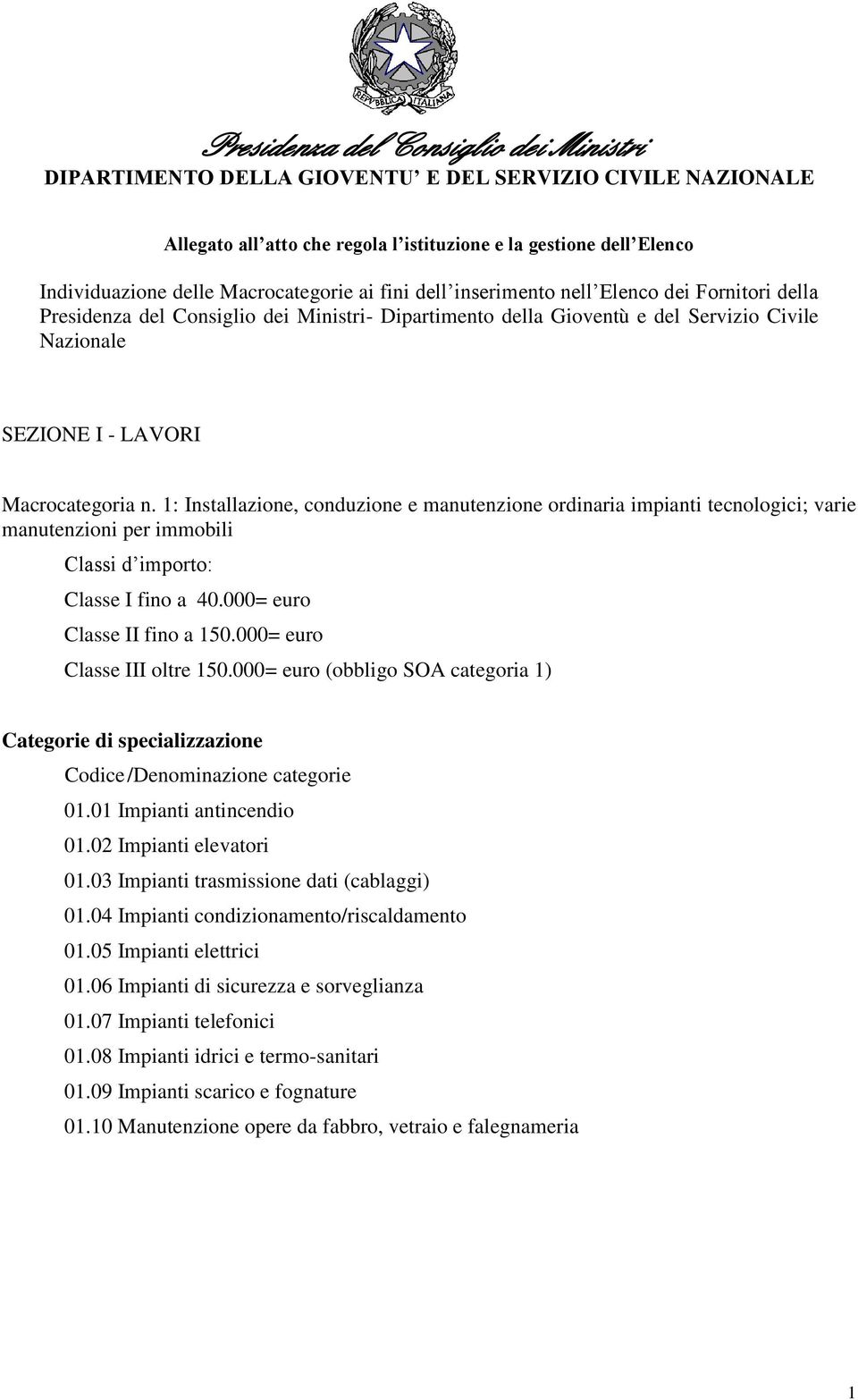 Macrocategoria n. 1: Installazione, conduzione e manutenzione ordinaria impianti tecnologici; varie manutenzioni per immobili Classi d importo: Classe I fino a 40.000= euro Classe II fino a 150.