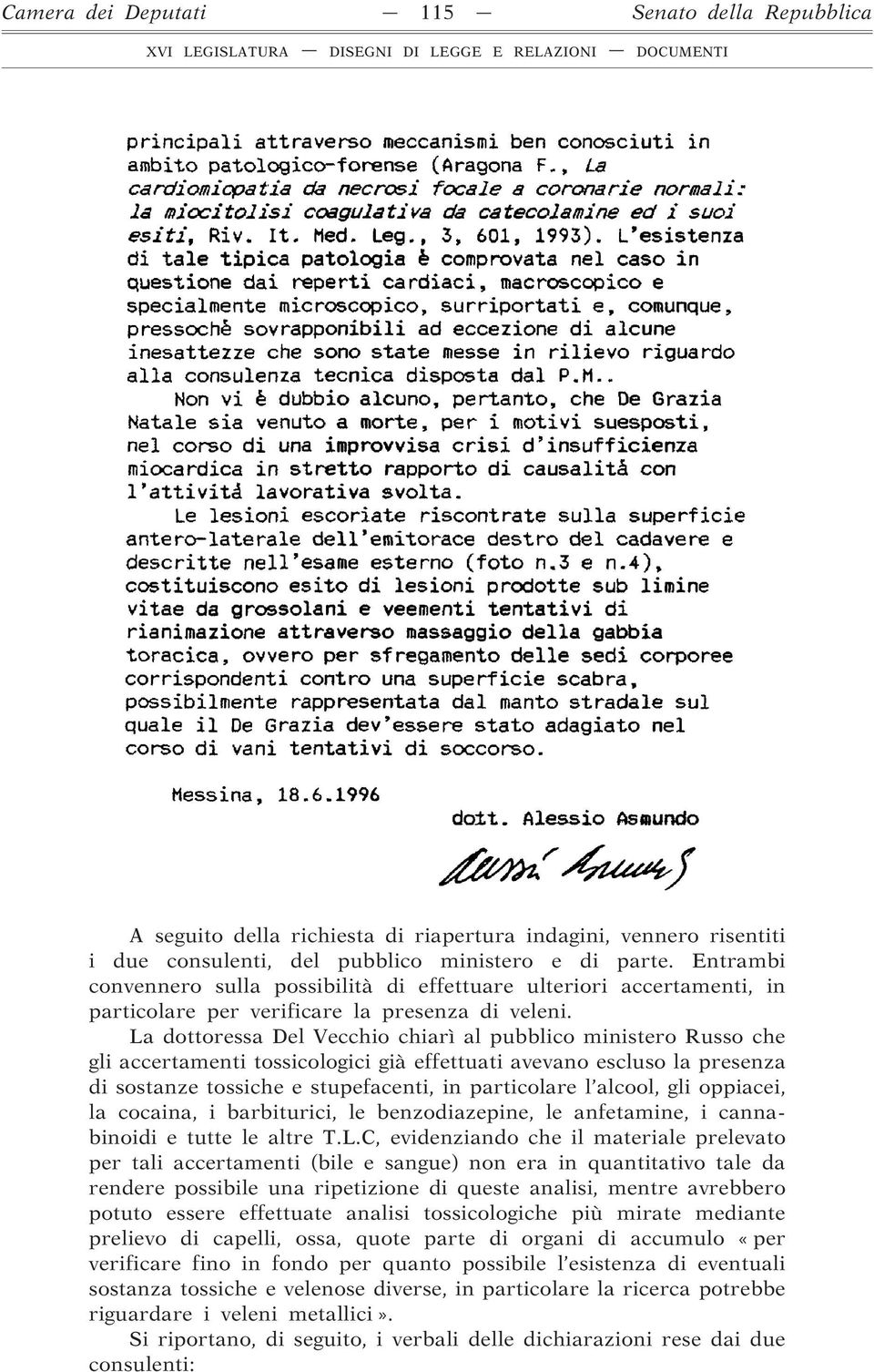 La dottoressa Del Vecchio chiarì al pubblico ministero Russo che gli accertamenti tossicologici già effettuati avevano escluso la presenza di sostanze tossiche e stupefacenti, in particolare l