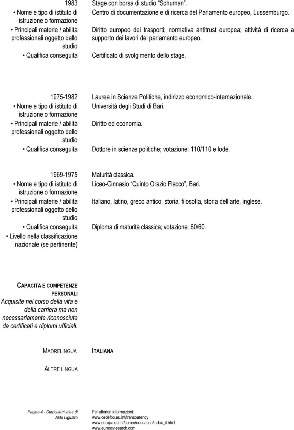 Qualifica conseguita Certificato di svolgimento dello stage. 1975-1982 Laurea in Scienze Politiche, indirizzo economico-internazionale. Nome e tipo di istituto di Università degli Studi di Bari.