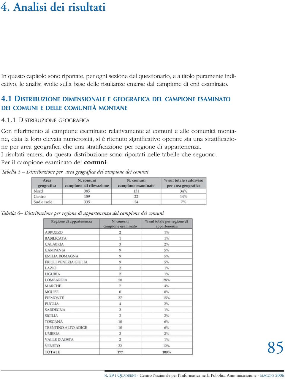 DISTRIBUZIONE DIMENSIONALE E GEOGRAFICA DEL CAMPIONE ESAMINATO DEI COMUNI E DELLE COMUNITÀ MONTANE 4.1.