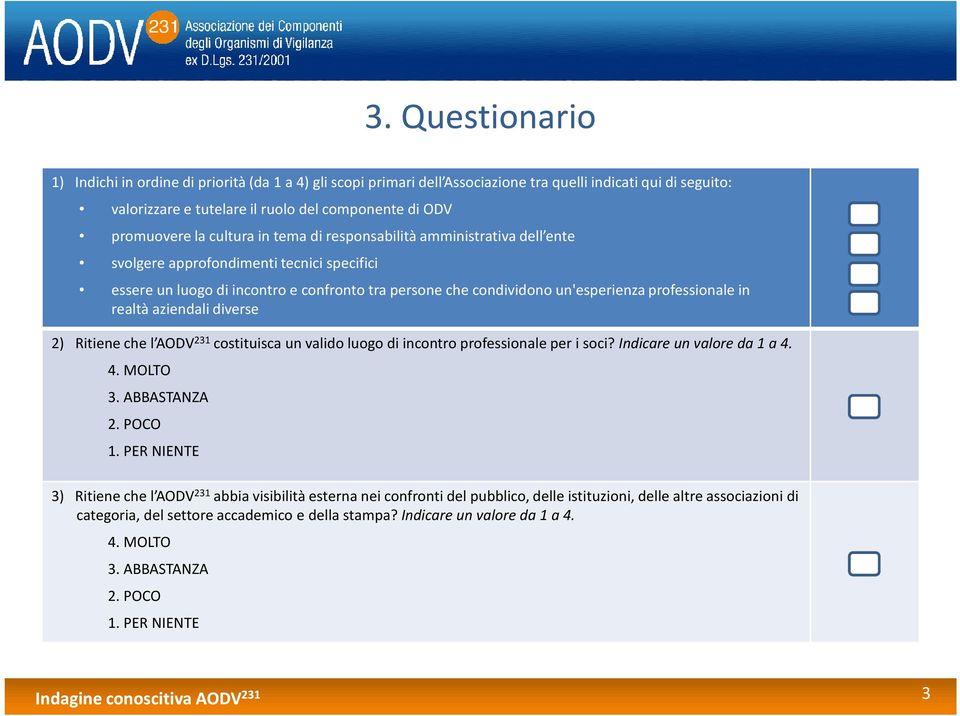 un'esperienza professionale in realtà aziendali diverse 2) Ritiene che l AODV 231 costituisca un valido luogo di incontro professionale per i soci? Indicare unvalore da 1 a 4.