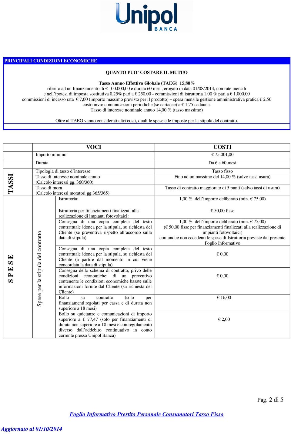 000,00 commissioni di incasso rata 7,00 (importo massimo previsto per il prodotto) spesa mensile gestione amministrativa pratica 2,50 costo invio comunicazioni periodiche (se cartacee) a 1,75 cadauna.