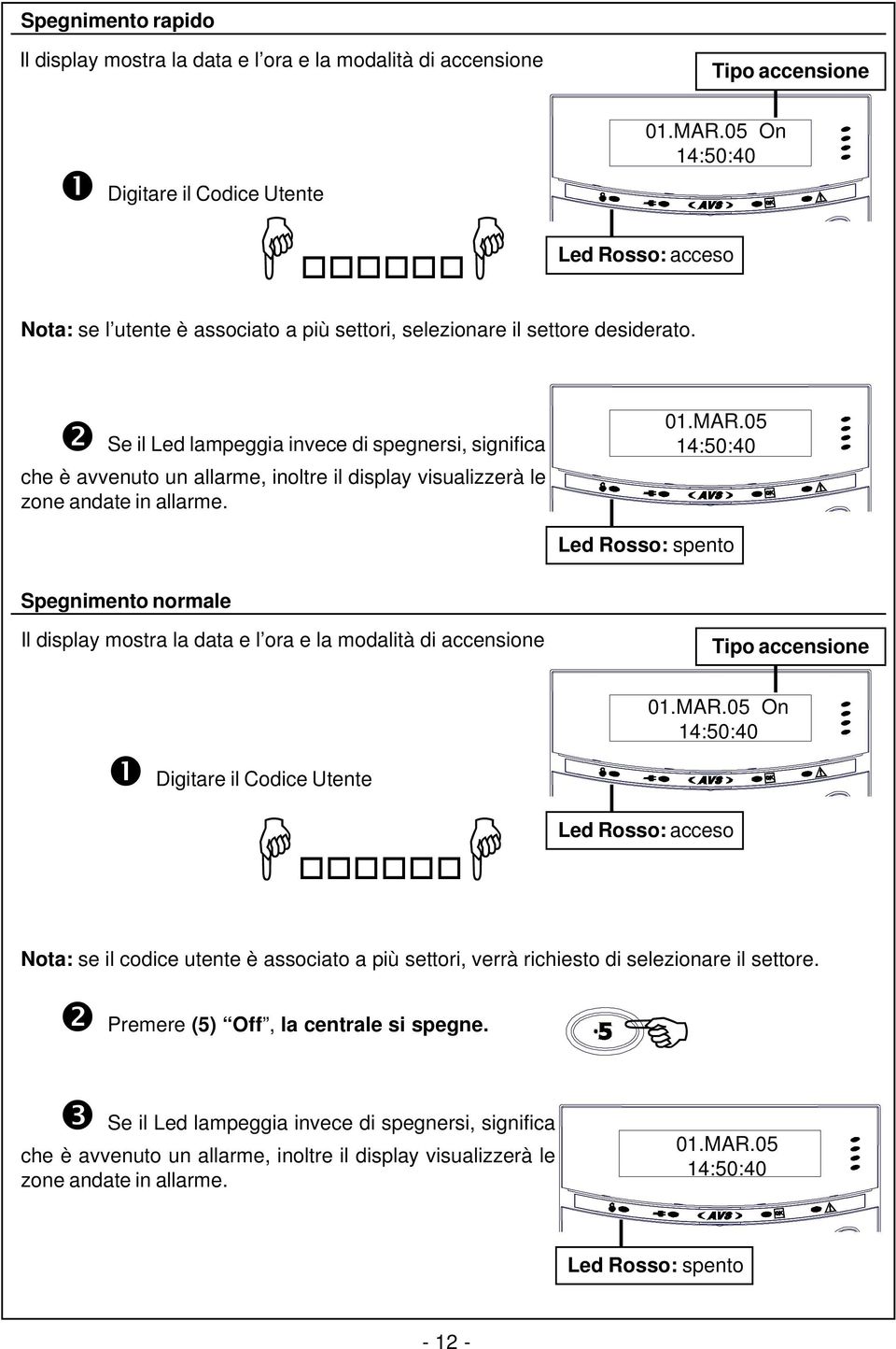 Led Rosso: spento Spegnimento normale Il display mostra la data e l ora e la modalità di accensione Tipo accensione On oooooo Led Rosso: acceso Nota: se il codice utente è associato a più settori,