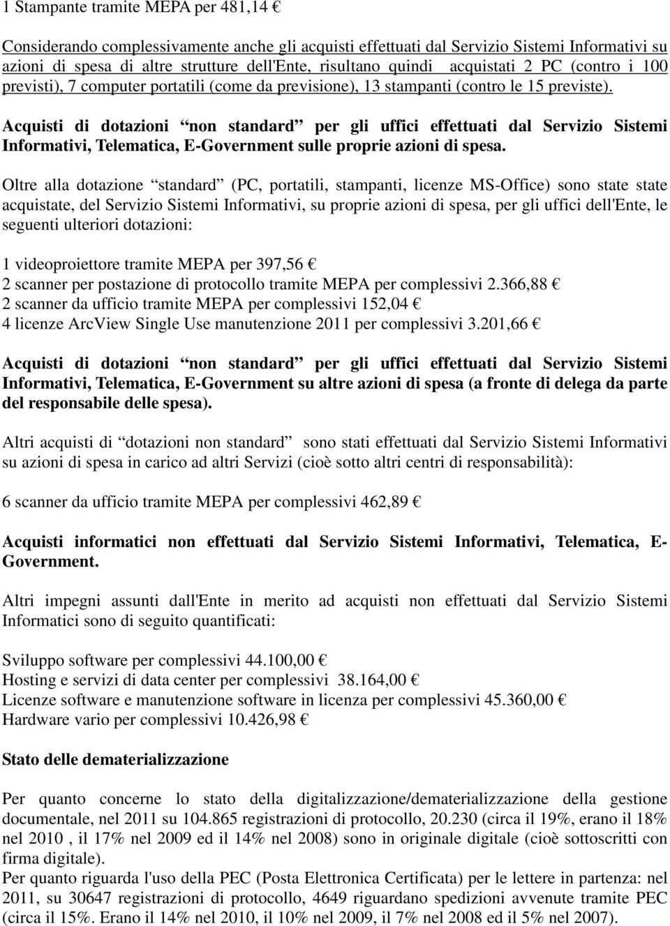 Acquisti di dotazioni non standard per gli uffici effettuati dal Servizio Sistemi Informativi, Telematica, E-Government sulle proprie azioni di spesa.