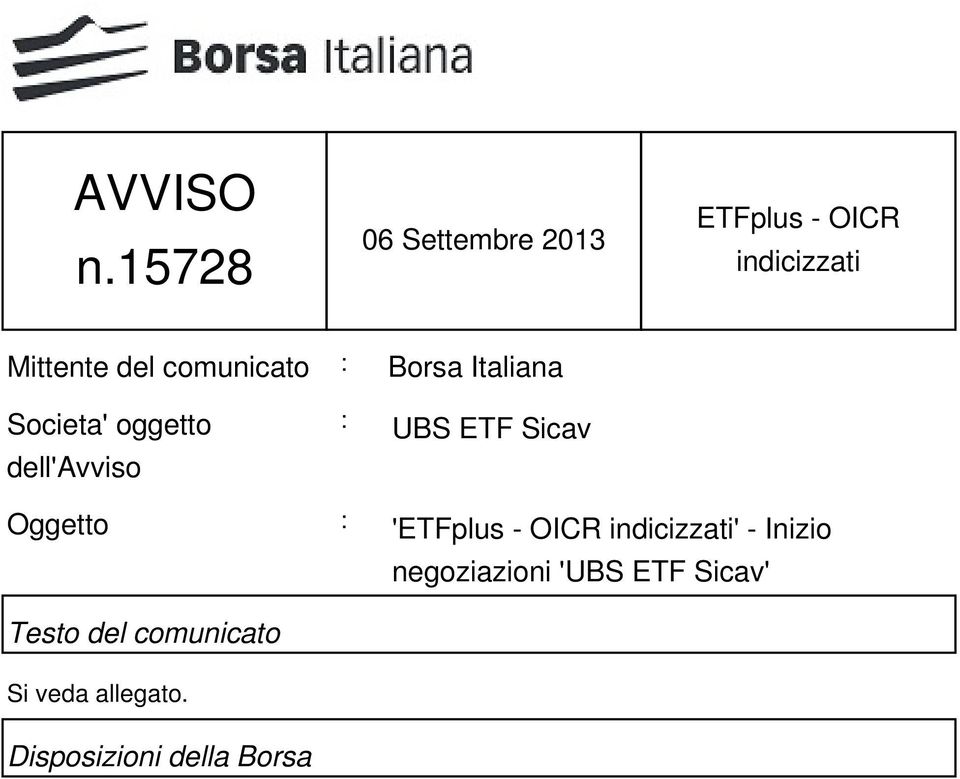 comunicato : Borsa taliana Societa' oggetto dell'vviso : UBS Sicav