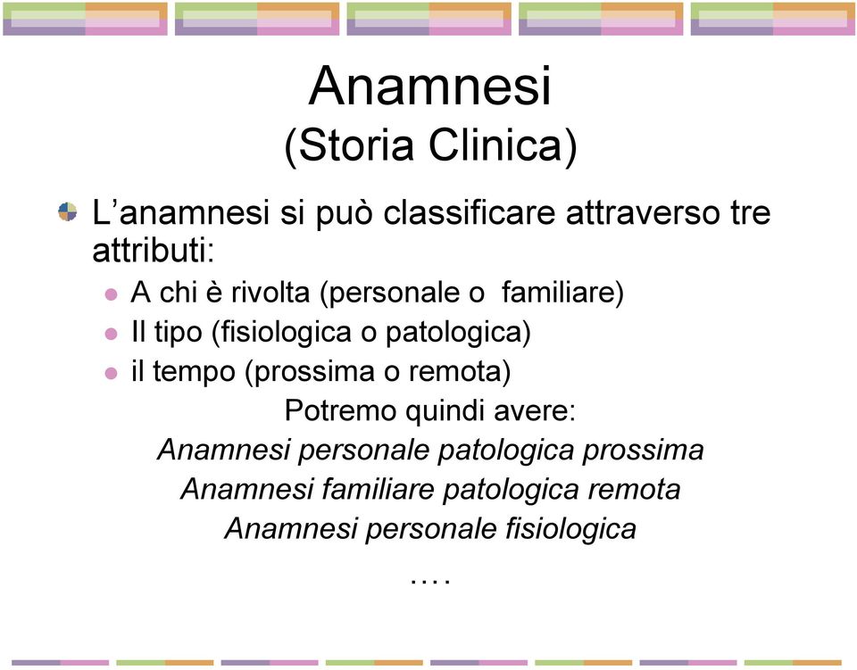 patologica) il tempo (prossima o remota) Potremo quindi avere: Anamnesi